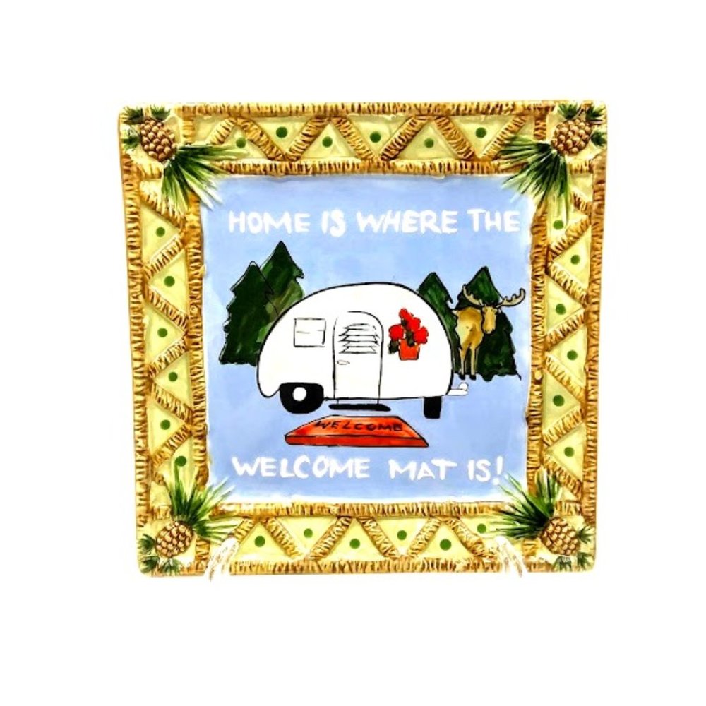 CANAPE PLATE W/TRAVEL CAMPER & MOOSE*SQUARE CERAMIC PLATE*PINE CONE EDGE